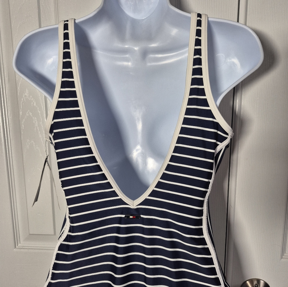 Tommy Hilfiger Swimsuit Navy Blue and White Striped One Peice Women's 12 New - Picture 9 of 16